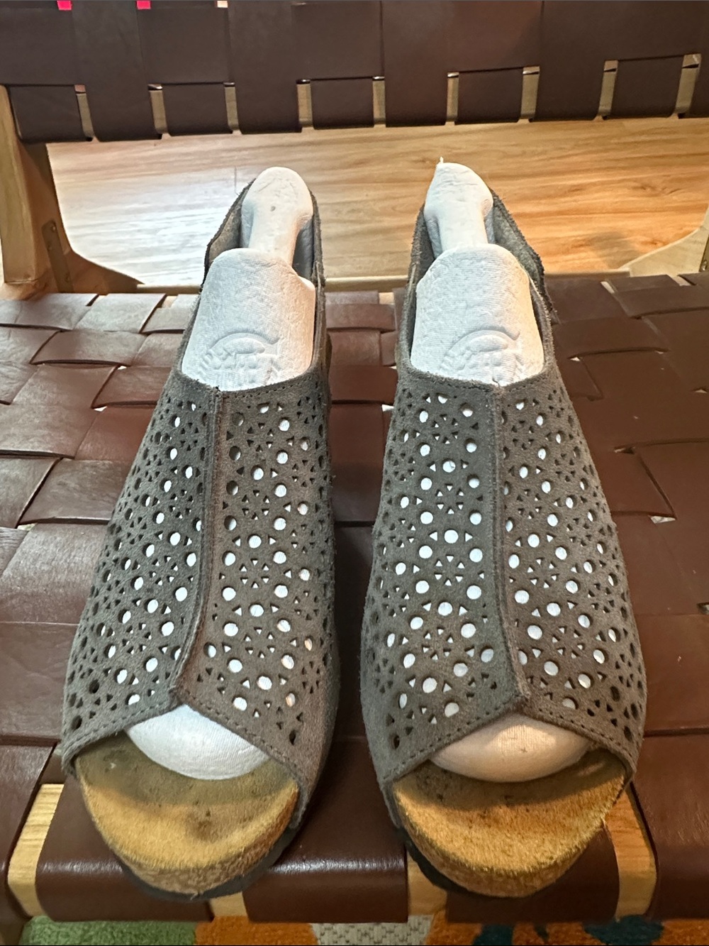 A. Giannetti Gray Perforated Wedge Slide Sandals